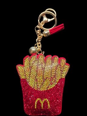 Red Rhinestone McDonalds French Fry Bag Charm Keychain with Gold Accents